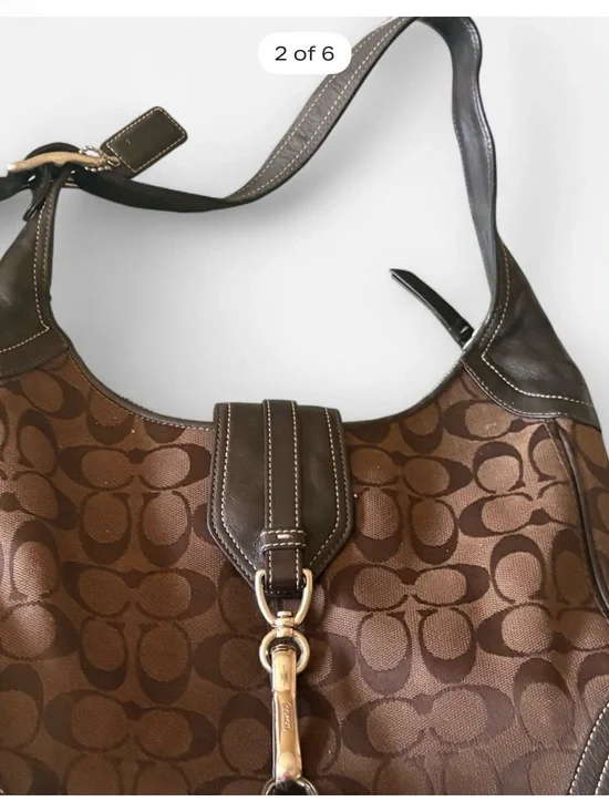 Coach Brown Signature Canvas Hobo Bag with Leather Trim