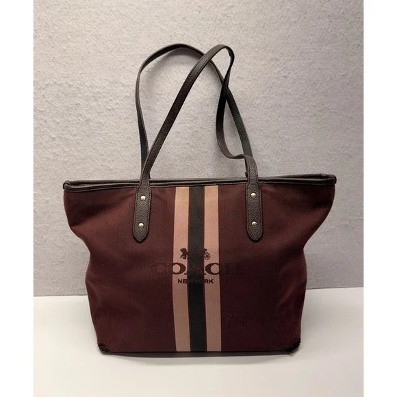 COACH Horse & Carriage Jacquard City Tote Oxblood Pink Varsity Stripe 69645