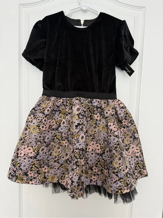 Imoga Black Velvet Bodice Floral Skirt - Black, Pink, Gold