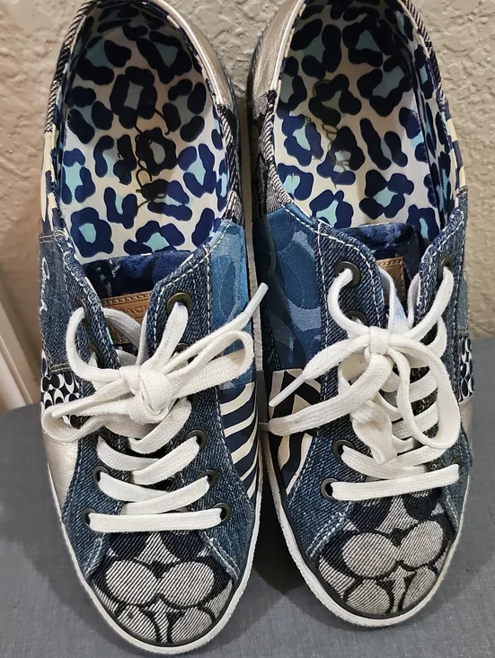 Coach Patchwork Blue Mixed-Print Lace-Up Sneakers Size 9
