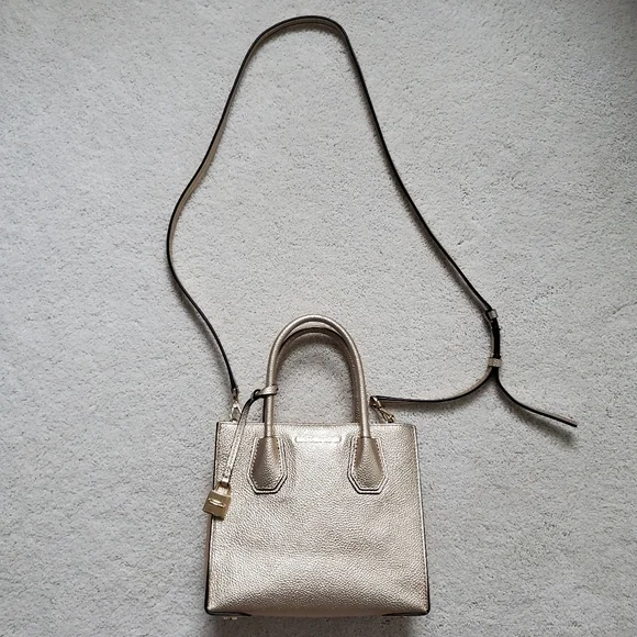 Michael Kors Metallic Gold Leather Mercer Crossbody Tote Bag