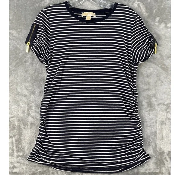 Michael Kors Top Womens L Ruched Navy White Striped Shoulder Zipper EUC