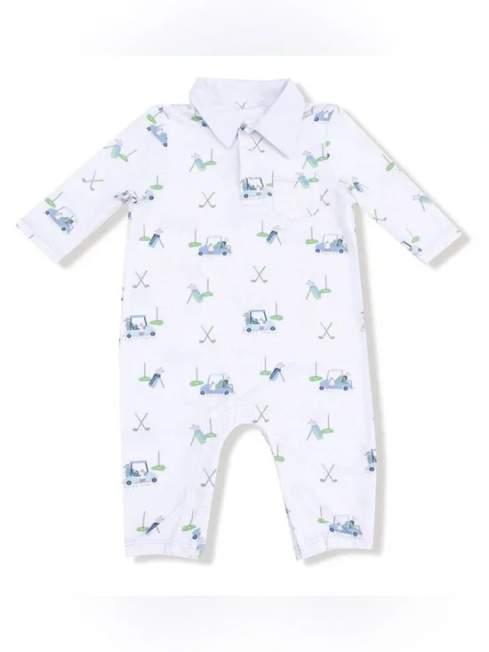 ANGEL DEAR Bamboo Polo Romper in Baby Golf Carts. 6-12M