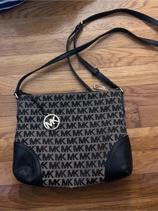 Michael Kors Brown MK Logo Crossbody with Black Leather Trim and Gold Charm