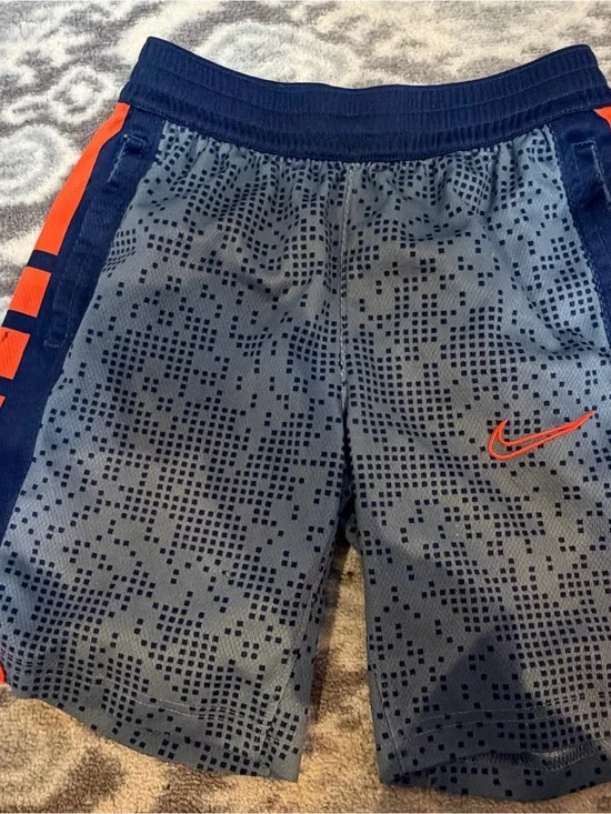 Nike Navy Blue and Neon Orange Pixel-Print Athletic Shorts