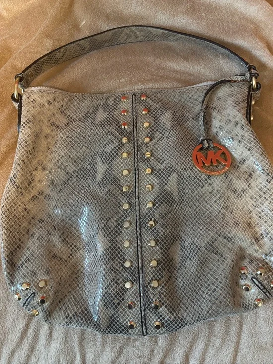 Michael Kors Gray Snake-Print Shoulder Bag with Gold Studs and Orange MK Charm