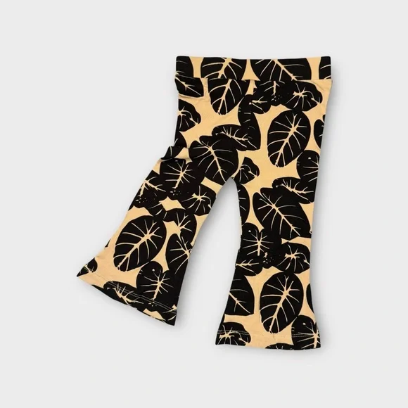 Kate Quinn Black Leaf Pattern Beige Flare Bamboo Pants