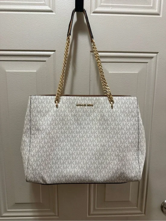 Michael Kors Jet Set Large Chain Shoulder Tote Bag Vanilla Acorn w wallet