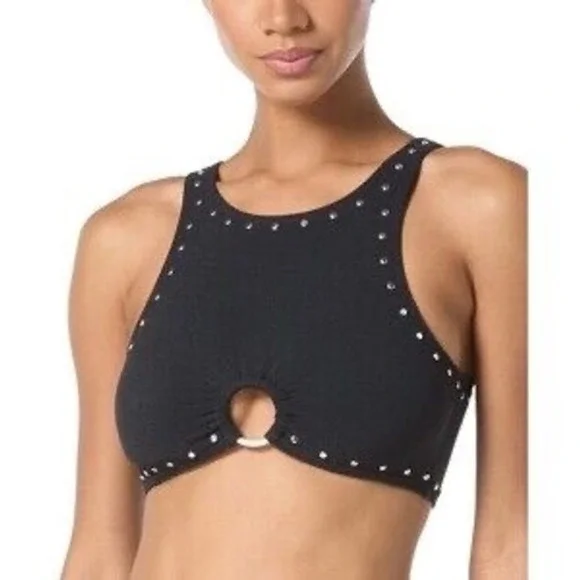 NWT Michael Kors Bikini Top Womens Black Studded O-Ring High Neck Crepe S $100