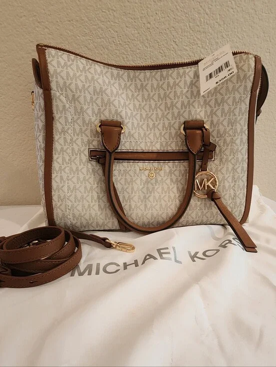 Michael Kors Carine Medium Signature Satchel Vanilla/Acorn + Dust Bag