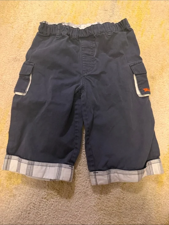 Burberry Toddler Navy Cargo Pants with Plaid Cuffed Hem