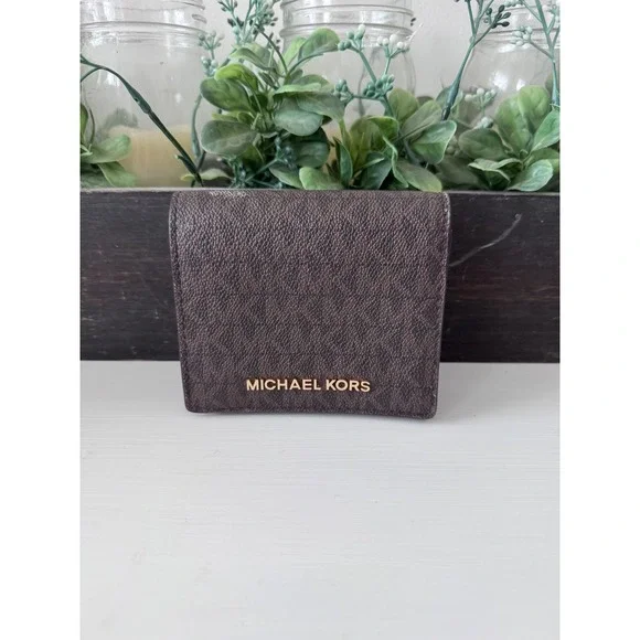 Michael Kors Bifold Wallet Brown Signature Logo Gold Hardware ID Window Pocket