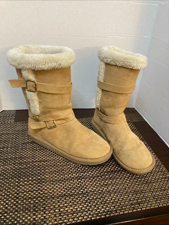 Michael Kors Shyla Tan Suede Shearling Lined Women's Boots - Cozy Winter Style,
