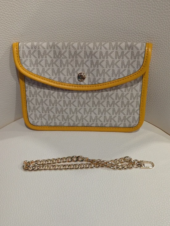 Michael Kors Beige Signature Monogram Clutch with Yellow Trim