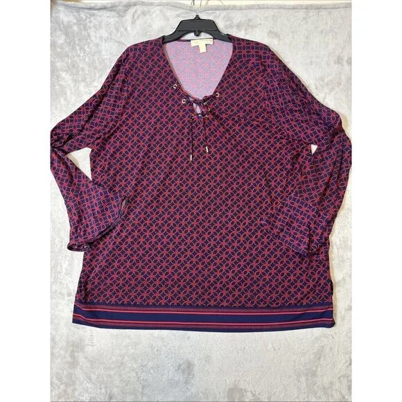 Michael Kors Plus Size 3X Lace Up V-Neck Tunic Blouse Geometric Print