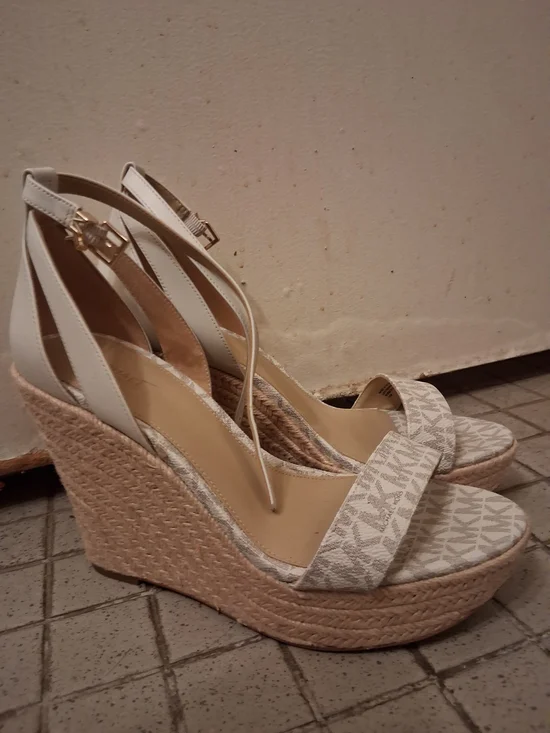 Michael Kors White Logo Espadrille Wedge Sandals with Ankle Strap Size 10