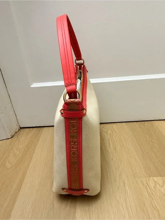 Michael Kors Cream Canvas Shoulder Bag with Coral Trim