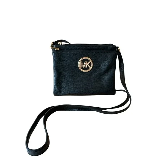 Michael Kors Fulton Black‎ Pebbled Leather Crossbody Bag Snap & Zipper Gold Logo