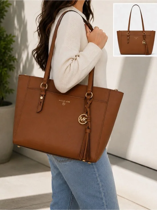 Michael Kors Large Brown Leather Tote Shoulder Bag Gold MK Charm Tassel