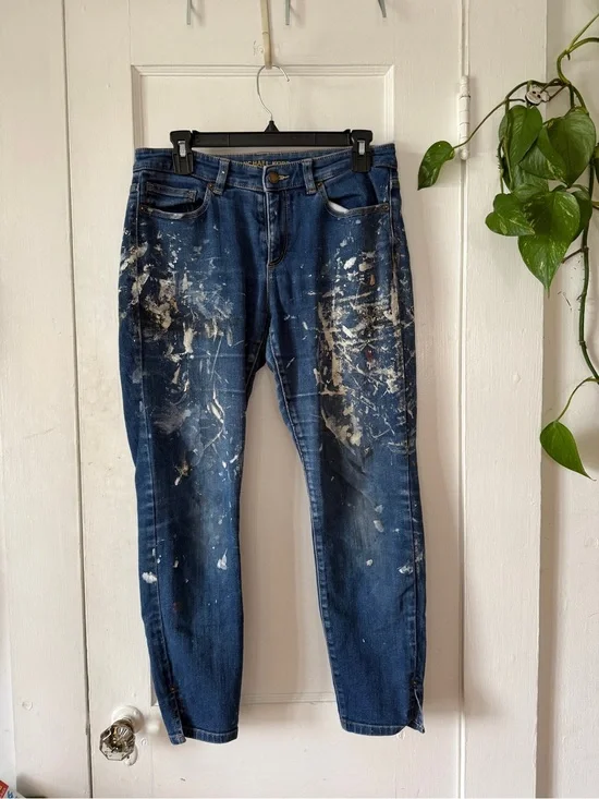 Michael Kors size 8 Dark Blue Slim Straight skinny Jeans with White Paint Detail