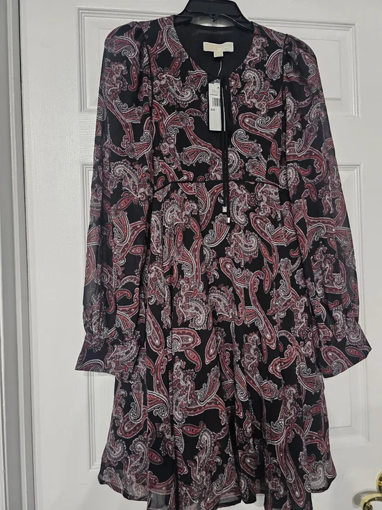 Michael Kors Black Paisley Long Sleeve Tiered Dress with Red Accents