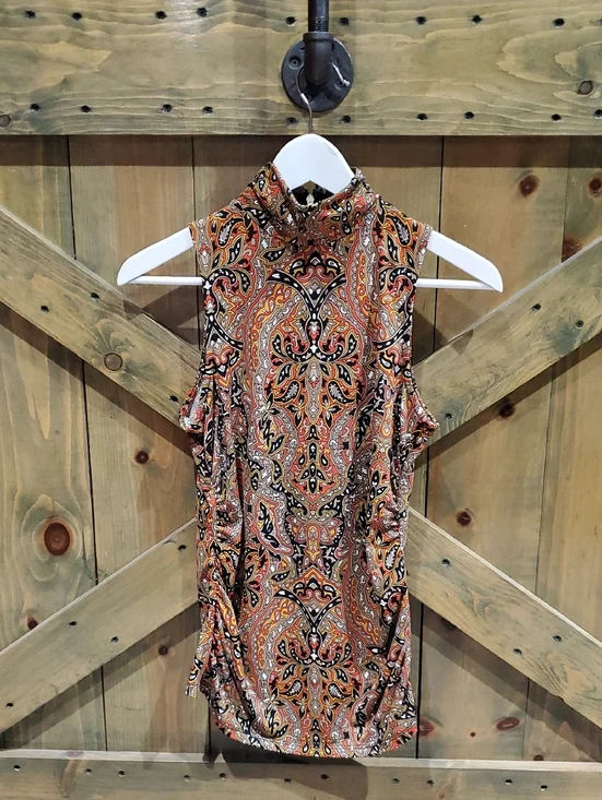 Michael Kors Sleeveless Paisley Mock Neck Top in Orange, Black and Cream