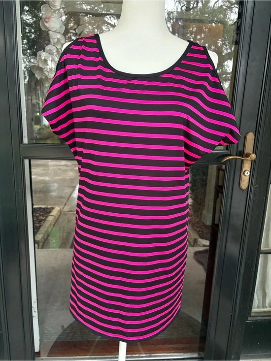 Michael Kors Open Shoulder Striped Shift Dress