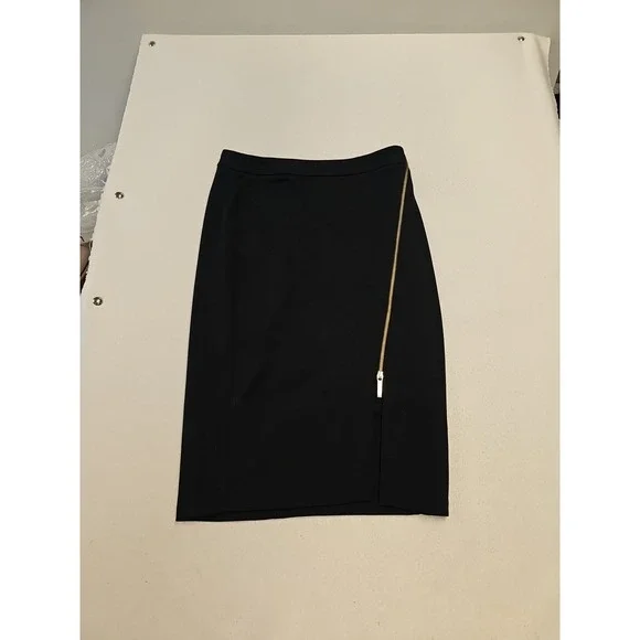 Michael Kors Womens Black Gold Side Zip Pencil Skirt Size 4 Knee Length Stretch