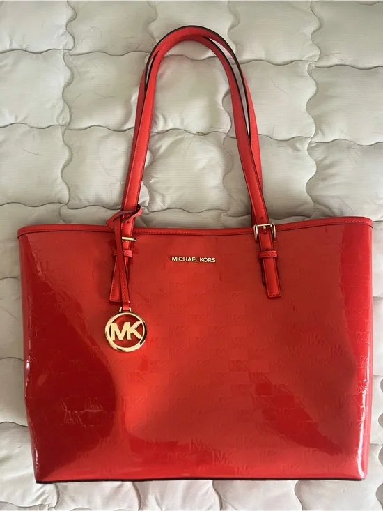 Michael Kors Orange Patent Leather Tote with Gold MK Charm