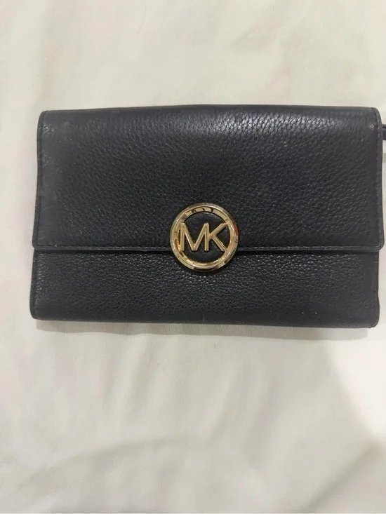 Michael Kors Black Pebbled Leather Wallet with Gold MK Emblem