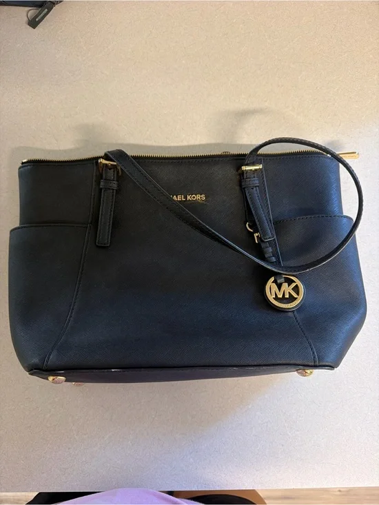 Michael Kors Black Leather Tote with Gold MK Charm