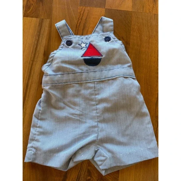 Vintage Health-tex Baby Boy Blue‎ White Pinstripe Sailboat Shortall Overalls 6M