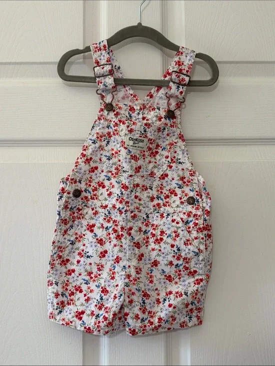 OshKosh B'gosh White Floral Shortalls with Red & Blue Flowers