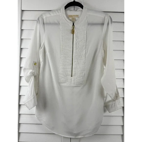 Michael‎ Kors Pleated Zip Front Blouse Womens S White Roll Tab Sleeve