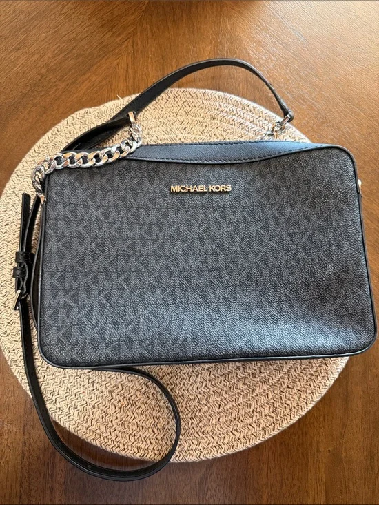 Michael Kors Black Logo-Print Shoulder Bag with Gold Hardware