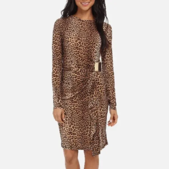 Michael Kors Logo Plate Faux Wrap Leopard Print Dress
