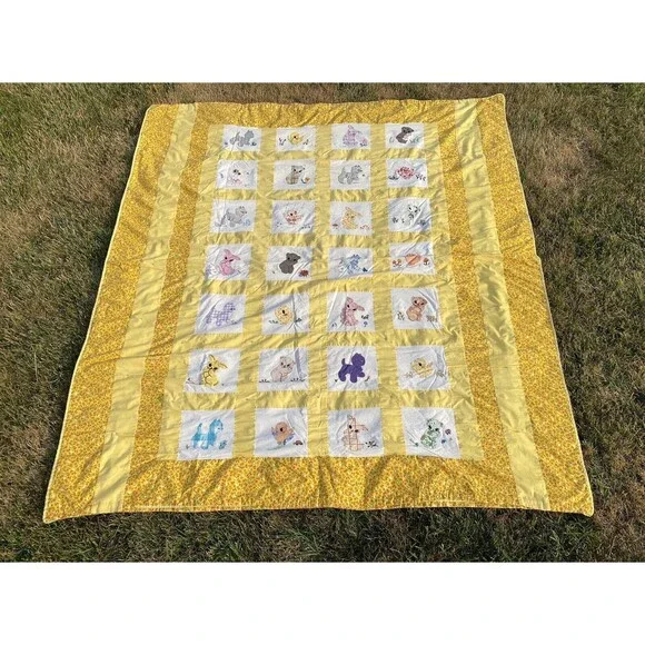 Vintage Homemade Patchwork Quilt Artistic Animals Yellow Unique Cute 70 x 80 in.