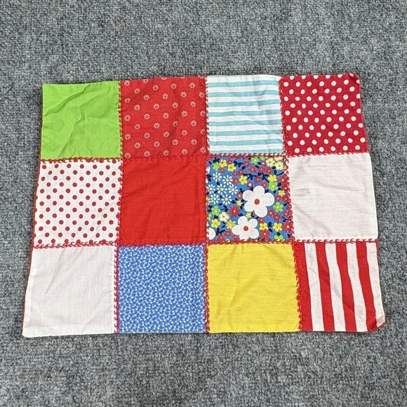 Vintage 70s Boho Handmade Patchwork‎ Doll Quilt Red Floral 12x16 Hippie Placemat