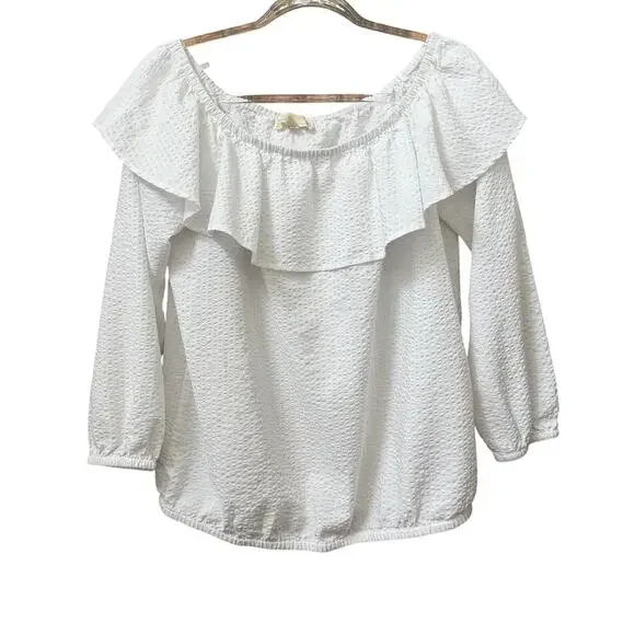 Michael Michael Kors White Seersucker Off Shoulder White Top Size Large Coastal