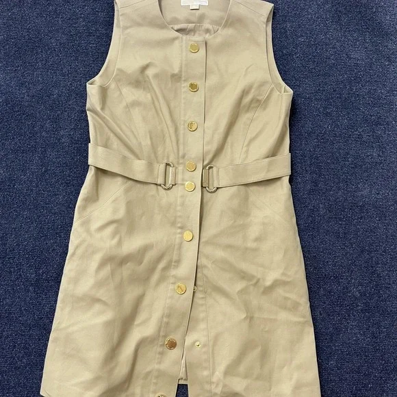 Michael Kors Dress Womens 14 Beige Sleeveless Belted Button Front Gold‎ Detail