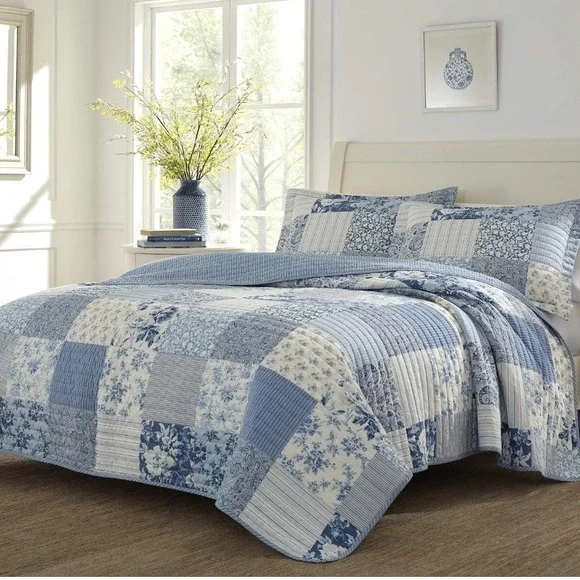 Laura Ashley Paisley Printed Patchwork Blue King Cotton Quilt Bedcover 100x90