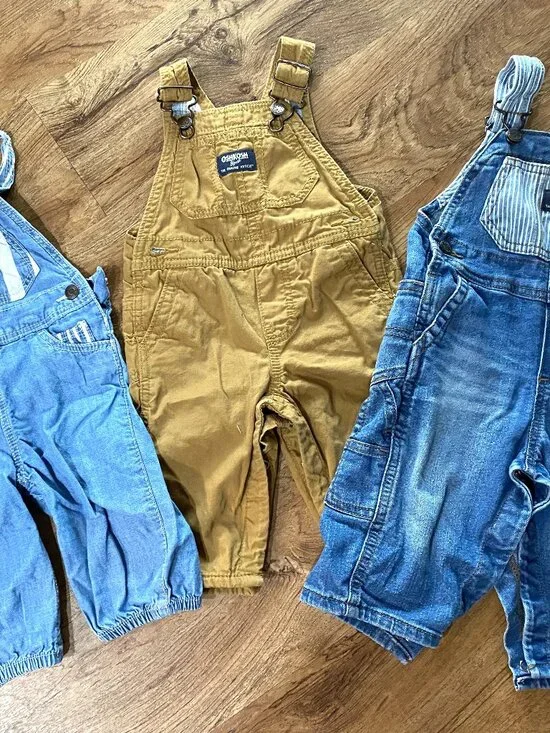 Lot of 3 OSHKOSH Overalls Blue/Stripes/Brown-6-9 Months