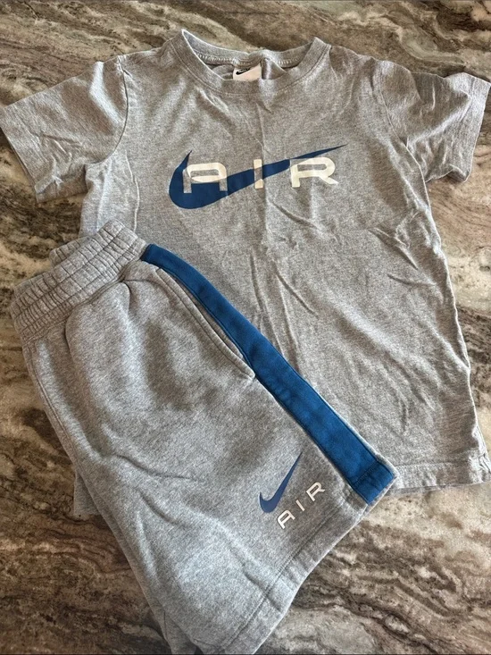 Nike Kids Gray Tee with Blue Air Logo and Royal Blue Shorts