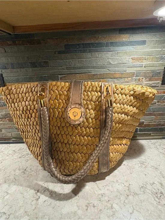 Michael Kors Woven Straw Tote Bag with Taupe Leather Trim