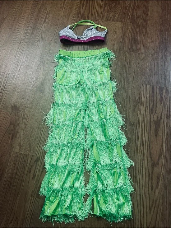 Green Fringe Pants and Top - Vibrant Lime Layered Style - Medium Child - dance