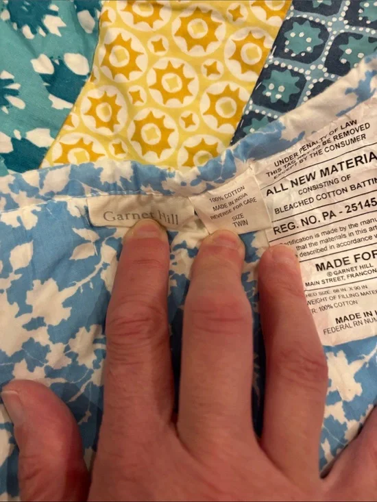 Garnet Hill Blue, Yellow & Teal Patchwork Cotton Quilt