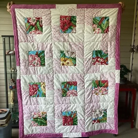 NWT. Hand Crafted Floral Patchwork Quilt with Pink and White Accents