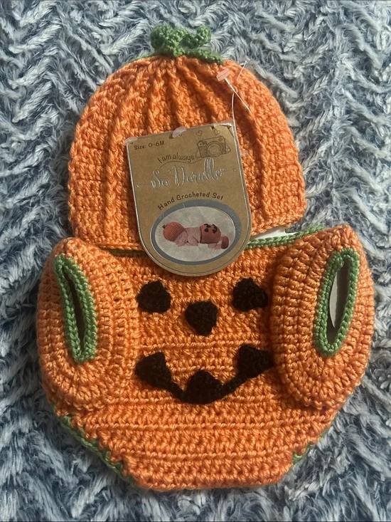 Hand-Crocheted Orange Pumpkin Baby Hat & Diaper Cover and Shoes Set
