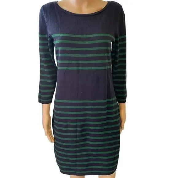 Michael Kors Knit Sweater Dress Green Blue Stripes Size M/L Mini 3/4 Sleeves