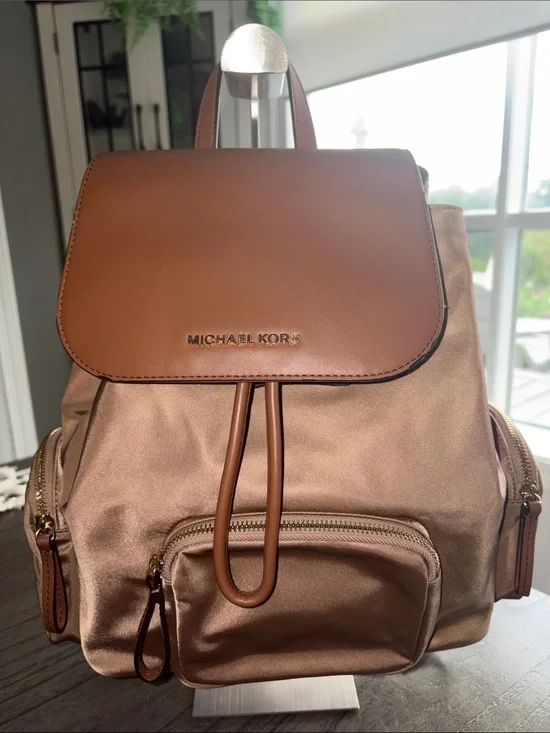 Michael Kors Satin and Leather Backpack in Warm Brown